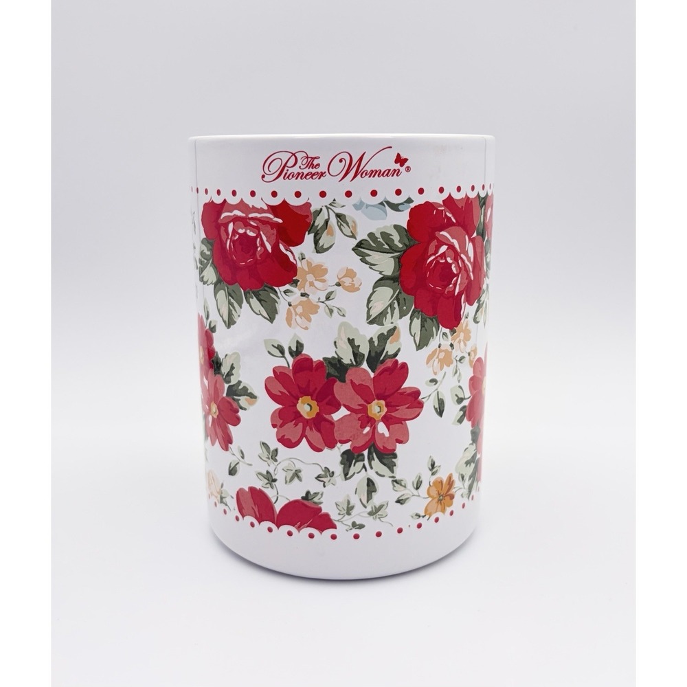 The Pioneer Woman Vintage Floral Ceramic Utensil Holder Crock Red Polka Dot 6"